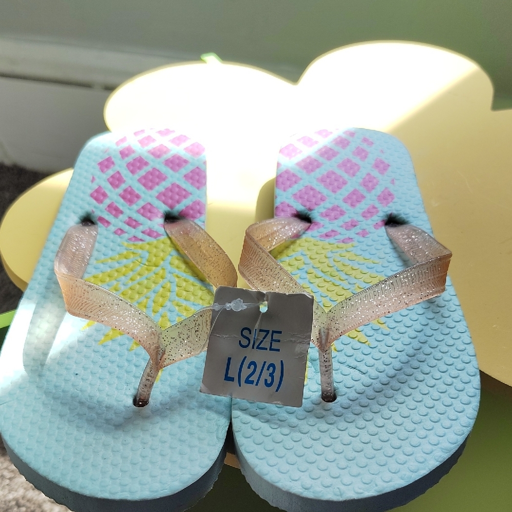 Kids Flip Flops with Pink and Yellow Pattern